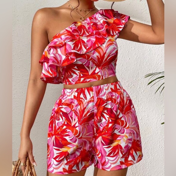 SHEIN Dresses & Skirts - One Shoulder Pink & White Tropical Pattern coord set